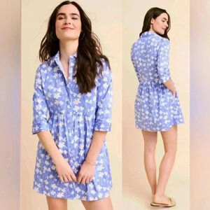UNTUCKit Stretch Cotton Demi Shirt Dress Blue White Floral Size XS Women's